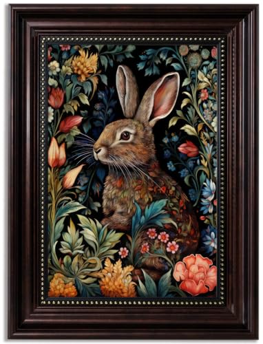 William Morris Framed Rabbit Canvas Wall Art Retro Mid Century Country Animal Wall Decor Pictures Dark Academia Botanical Floral Poster Prints for Office Living Room Home Decoration 16x24in - color: Rabbit, size: 24"L x 16"W