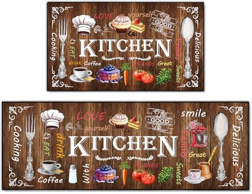 Farmhouse Kitchen Rug 2 Piece Set, Brown and White Rustic Vintage Style Theme Decor Kitchen Rugs, Absorbent Washable Non-Slip Floor Mats, Home Indoor Runner Carpet 17x30+17x47 Inches - color: Farmhouse Brown