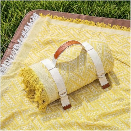 RYCHIC 2 in 1 Extra Large Outdoor Rug Picnic Blanket Camping Mat Lightweight Oversized Giant Turkish Boho Beach Mexican Serape Baja Cobijas Mexicanas para Mesa Park Stadium Outside Grass Hammock - color: Yellow, size: 70''*70''