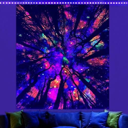 Blacklight Galaxy Forest Silhouette Tapestry for Bedroom Night Sky Ceiling Tapestry for Bedroom Decor Dark Forest Stars Tapestries Glow in the Dark Starry Night Tapestries UV Reactive Dorm Decor 71x90 - color: Forest Silhouette, size: 90"L x 71"W