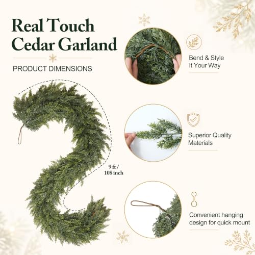 9 Ft Christmas Cedar Garland, Real Touch Thick Cedar Garland for Mantel - size: 9 Ft Cedar Garland