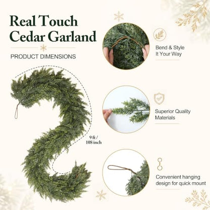 9 Ft Christmas Cedar Garland, Real Touch Thick Cedar Garland for Mantel - size: 9 Ft Cedar Garland