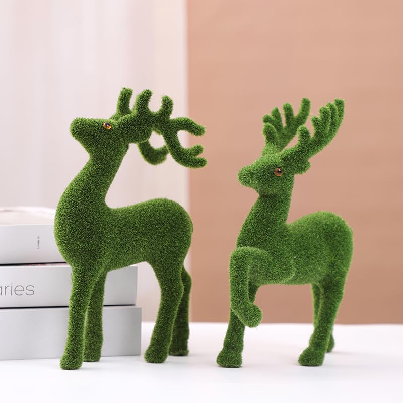 Decorative Moss Reindeer Figurines, Set of 4 - Green Flocked Deer Statues for Woodland Christmas Table Centerpiece, Indoor Mantel Shelf and Garden Decor