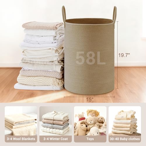 58L Tall Cotton Rope Laundry Basket with Handles, Jute - color: Jute, size: 58L