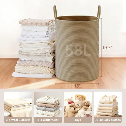 58L Tall Cotton Rope Laundry Basket with Handles, Jute - color: Jute, size: 58L