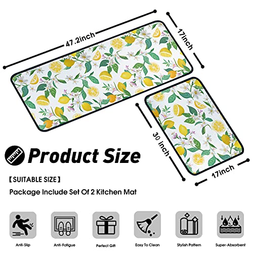 Lemon Kitchen Rugs and Mats Set of 2, Non Slip Washable Kitchen Runner Rug, Fresh Citrus Fruit Kitchen Floor Mats, Farmhouse Kitchen Decor Rug Set for Sink, Laundry Room, 17"x30"+17"x47" - color: Lemon