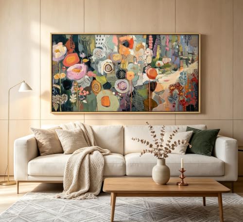 Wooden Framed Colorful Flower Wall Art,Abstract Botanical Canvas Print,Long floral landscape Picture Poster,Vintage Watercolor Floral Painting Artwork for Bedroom Living Room Office - color: Abstract Flower, size: 48"L x 24"W