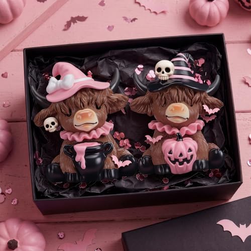 Karenhi 2 Pcs Pink Halloween Cow Figurines Resin Statues Tabletop Desk - style: Pink Ghost