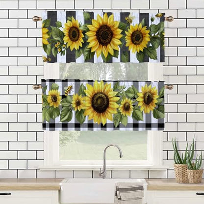 Sunflowers Valance Curtains 2 Pack Buffalo Plaid Spring Summer Valance for Kitchen Windows Bathroom Living Room Bedroom Window Treatment Valances 54x18 inch - color: Sunflowers