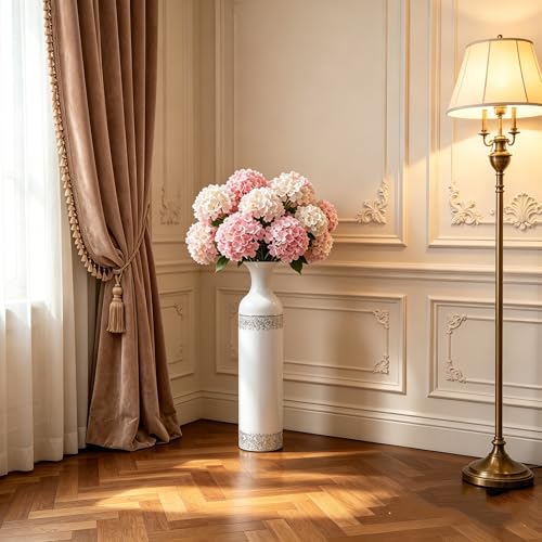 Hosley 24 Inch High White wash Metal Bottle Floor Vase. Ideal for Country Farmhouse Setting, Wedding Gift Special Occasion Home Office Dried Floral Arrangements - color: White