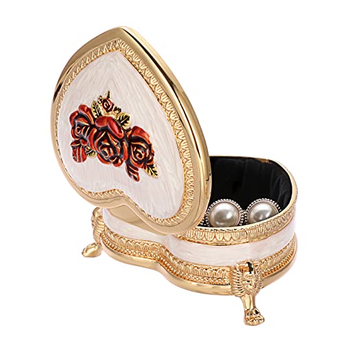 Hipiwe Heart Shape Metal Jewelry Box Antique Trinket Box Carved Red Rose - color: Red, size: Small