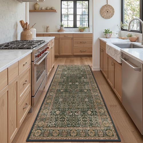 Bavni 2'6" x 7' Kitchen Runner Rug, Washable Non Slip, Dark Green Brown - color: Dark Green Brown, size: 2'6" x 7' (Rectangular)