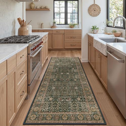 Bavni 2'6" x 7' Kitchen Runner Rug, Washable Non Slip, Dark Green Brown - color: Dark Green Brown, size: 2'6" x 7' (Rectangular)