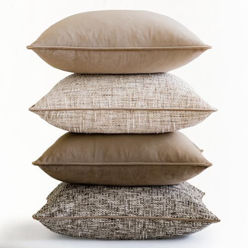 a moment Neutral Khaki Brown 4 Pack Throw Pillow Covers - Chenille & Velvet Set with Piping, Farmhouse Textured Design Pillow Cases for Couch Sofa Bed Livingroom (16x16 Inch, No Insert) - color: Neutral Khaki Brown, size: 16" x 16" (Pack of 4)