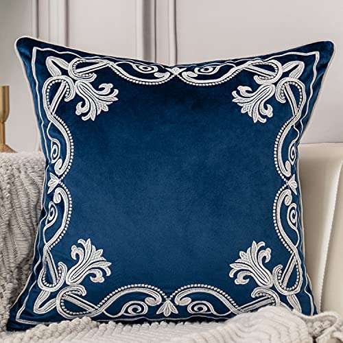 Aeckself European Floral Pillow Cover 20x20 Inch, Luxury Velvet Embroidered Decorative Throw Pillow Cover for Couch Bedroom Living Room, Navy Blue and White - color: Navy Blue, size: 20" x 20" (Pack of 1)