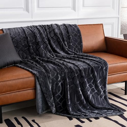 Soft Cozy Fleece Queen Size Blanket, 90x90 Inches – Lightweight Plush Blanket for Bed, Fuzzy 3D Jacquard Design - Dark Grey - color: Dark Grey, size: Queen (90" x 90")