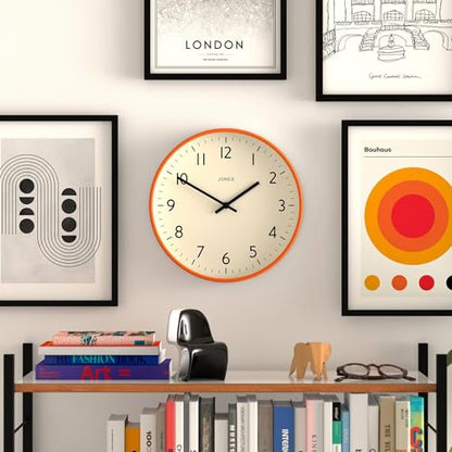 JONES CLOCKS® Studio Clock | Modern Round wall Clock | 12" | Orange - color: Fizzy Orange