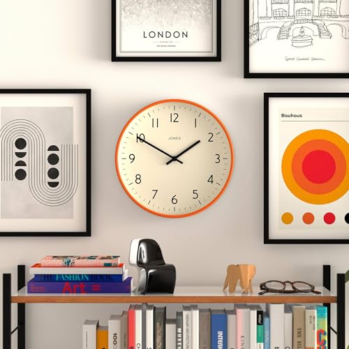 JONES CLOCKS® Studio Clock | Modern Round wall Clock | 12" | Orange - color: Fizzy Orange