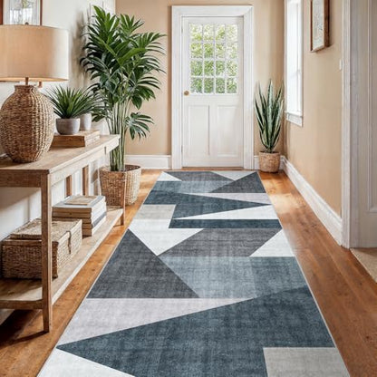 4x8 Washable Geometric Runner Rug - Non-Slip Wide Hallway Rugs Blue Grey - color: Blue/Grey, size: 4' x 8' (Rectangular)