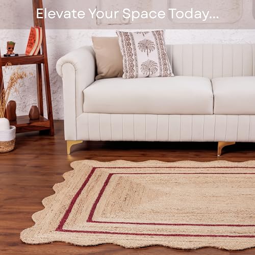 Wave Scalloped Jute Rug Entryway Natural Boho Area Rug Rustic Red 2'x3' - color: Rustic Red, size: 2'x3'