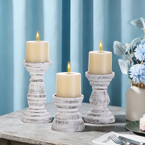 Rustic Wooden Pillar Candle Holders Set of 3 in Distressed White, Florence Style, Farmhouse Wooden Candle Holder, Wooden Candle Stand, Small Wooden Candlestick Holders, Living Room, Table Centerpiece - color: Rustic White