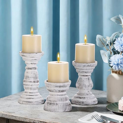 Rustic Wooden Pillar Candle Holders Set of 3 in Distressed White, Florence Style, Farmhouse Wooden Candle Holder, Wooden Candle Stand, Small Wooden Candlestick Holders, Living Room, Table Centerpiece - color: Rustic White