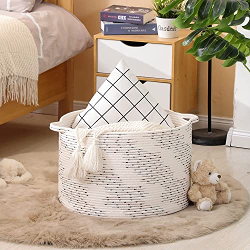 KAKAMAY Large Blanket Basket (20"x13"),Woven Baskets for storage Baby Laundry Hamper，Cotton Rope Blanket Basket for Living Room, Laundry, Nursery, Pillows, Off White with Blue & Brown Dotted Pattern - color: White Dot