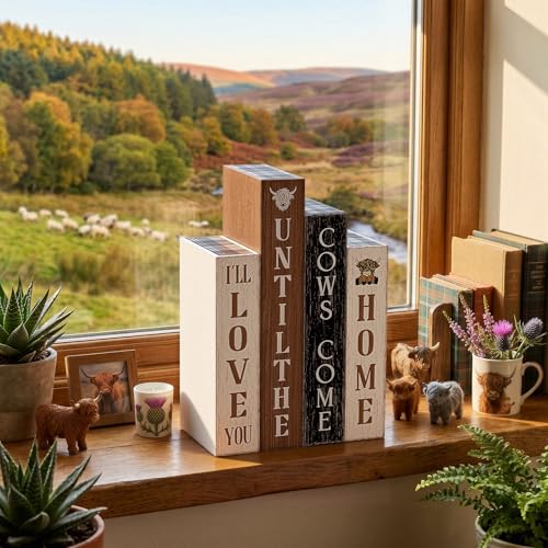 Xuhal 4 Pcs Highland Cow Table Decorations,Rustic Cow Wooden Book for Home - style: Highland Cow
