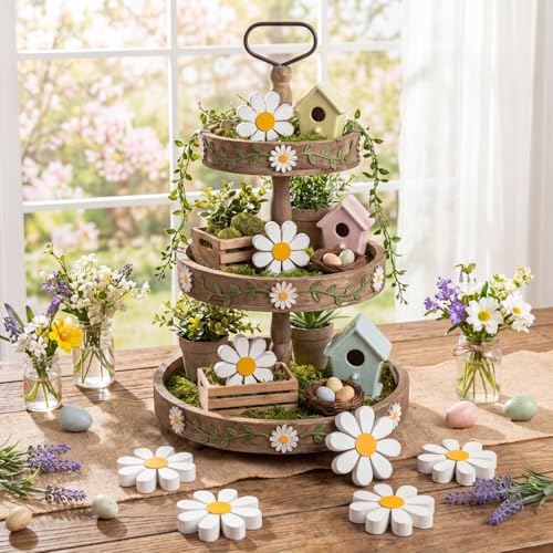 Amyhill 24 Pcs Daisy Table Centerpieces Decoration Wooden Small Rustic Daisy White Yellow Wood Flower Signs for Vase Bowls Filler Tiered Tray Table Farmhouse Home Kitchen Decor
