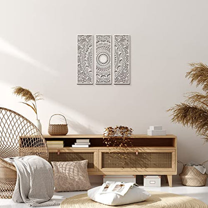 Blulu 3pcs Mandala Wall Art Carved Wood Wall Art Floral Aesthetic Wooden Plaque Set Wood Carving Decor Farmhouse Modern Cutout Plaque for Home Bathroom Decoration(15.8 x 5.1 Inch,White)