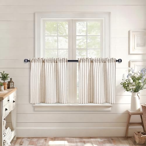 JIUZHEN Farmhouse Striped Linen Kitchen Curtains 2 Panels - Short Tier Drapes 24 Inch Length, Rod Pocket Rustic Window Treatment for Bathroom Living Room, Vertical Striped Brown - color: Vertical Striped Brown, size: 30"W x 24"L (Pack of 2)