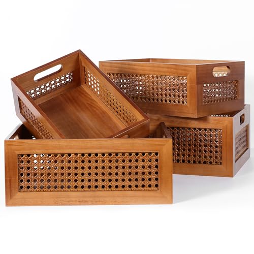 Rattan Wooden Box Set of 4 Handmade Decorative Storage Basket with Handles - color: Brown, size: 4 Set - Multiple Sizes