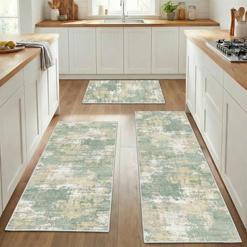Kitchen Rugs Sets of 3 Non Slip Washable Mats for Floor, Green - color: Green