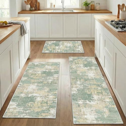Kitchen Rugs Sets of 3 Non Slip Washable Mats for Floor, Green - color: Green