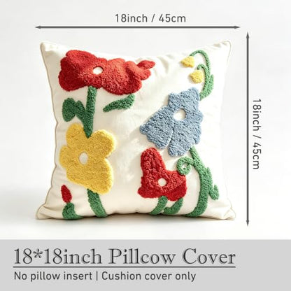 Boho Art Red Spring Floral Embroidered Throw Pillow Cover 18"x18" Set of 2 - color: Artflower Red