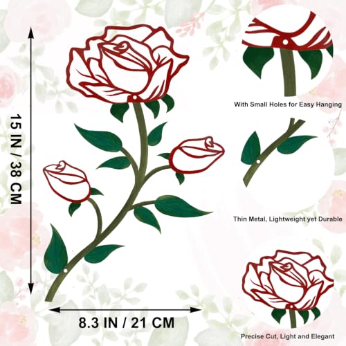 ESTART 2 Pcs Metal Rose Flower Wall Decor, 15“H Rose Flower Metal Wall Art - color: 2 Pieces-Red Green