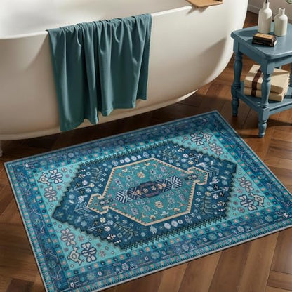 Ciicool 2x3ft Small Area Rug,Washable Boho Thin Mat for Entryway Kitchen - color: Teal, size: 2' X 3' (Rectangular)
