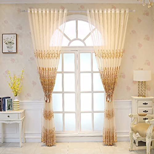 Amidoudou 1 Pair European Jacquard Sheer Curtains for Living Room Bedroom Luxury Embroidered Tulle Curtains (Gold,52x90 Inch) - color: Gold, size: 52"W x 90"L (Pack of 2)