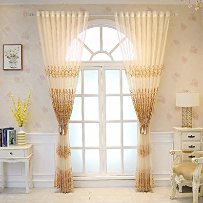 Amidoudou 1 Pair European Jacquard Sheer Curtains for Living Room Bedroom Luxury Embroidered Tulle Curtains (Gold,52x84 Inch) - color: Gold, size: 52"W x 84"L (Pack of 2)
