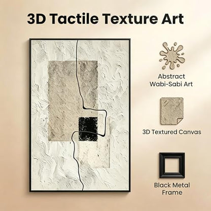 QKF Minimal Geometric 3D Texture Black Aluminum Frame Canvas Wall Art - color: Light Brown & Beige