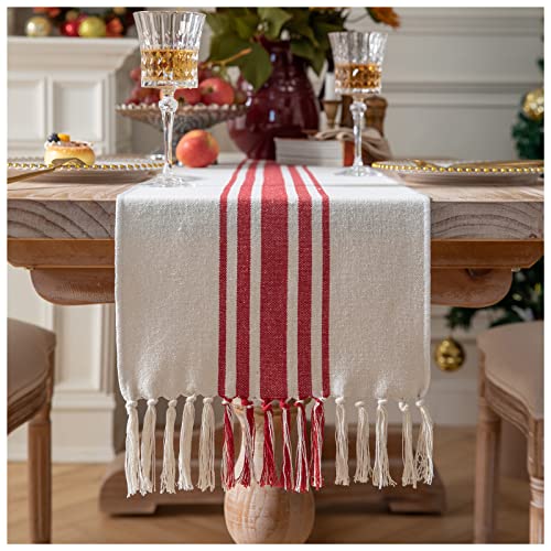 Caflife Christmas Table Runner 13 x 108 Inch for Dining Table, Boho décor Coffee Table Runner with Handcrafted Tassels, red and Beige Stripe Table Runner for Holiday, Winter - color: Red Beige, size: 13x108Inch