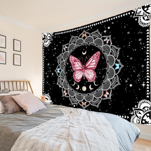 LB Butterfly Mandala Wall Tapestry Pink Butterfly Black and White Mandala Bohemian Tapestry Wall Hanging Star Moon Phase Aesthetic Wall Decor for Bedroom Living Room Home Decor 92.5Wx70.9L Inches - color: Pink, size: 70.9"L x 92.5"W