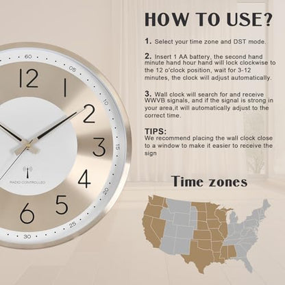 14 Inch Atomic Wall Clock, Radio Controlled Large Analog Clock