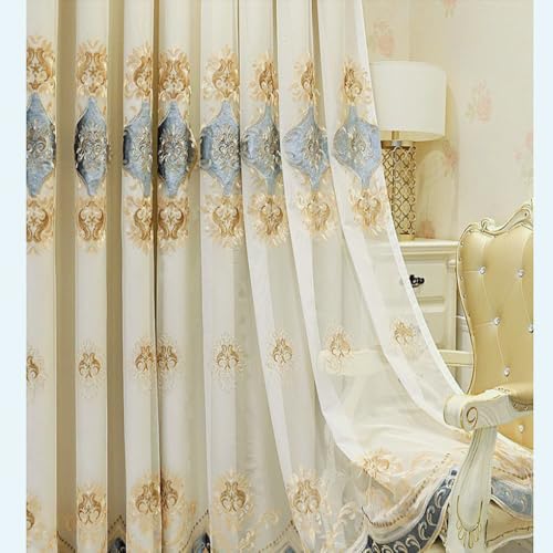 Amidoudou 1 Pair European Double Layer Curtains with Sheer Curtains for Living Room Bedroom Luxury Embroidered Blackout Curtains (Beige,52x84 Inch) - color: Beige, size: 52"W x 84"L (Pack of 2)