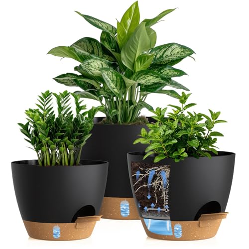 Self Watering Pots with Drainage Holes, 3 Pack 12/10/8 Inch Plant Pots with Water Level Indicator Deep Reservoir, Large Plastic Planter for Indoor Outdoor Plants - Black Brown - color: Black Brown, size: 12+10+8 Inch Set