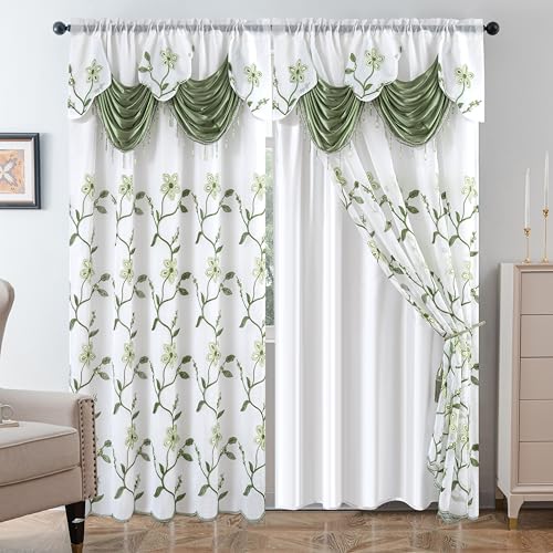Petrichor Embroidered Sheer Curtain 2 Panels Set - Luxury Window Curtain Attached Valance with Satin Backing and 2 Tie Backs for Living Room,Dining Room, 54x63 inches, Sage Green - color: Sage Green, size: 54"W x 63"L (Pack of 1)