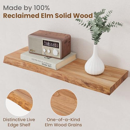 Floating Shelves for Wall, Solid Elm Wood Shelves, 24in Set of 2, Natural - color: Natural, size: Live Edge, 24inch, 2Packs