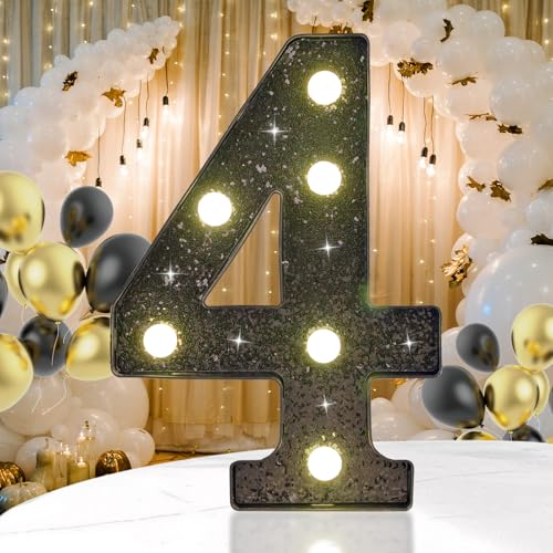 Black Glitter LED Marquee Number 4, Warm White Light Decor Sign - size: Number-4