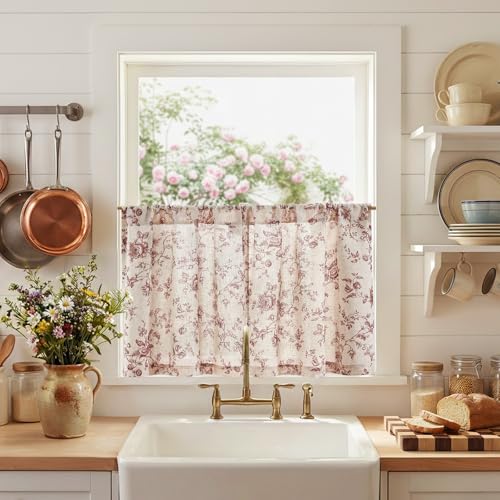 jinchan Floral Linen Kitchen Tier Curtains, 24 Inch, 2 Panels, Maroon - color: Amlie Maroon, size: 26"W x 24"L (Pack of 2)