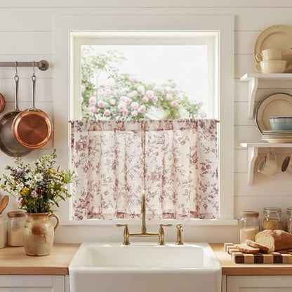 jinchan Floral Linen Kitchen Tier Curtains, 24 Inch, 2 Panels, Maroon - color: Amlie Maroon, size: 26"W x 24"L (Pack of 2)
